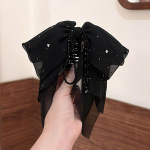 Black Sheer Rhinestone Bow Hair Claw With Long Tails