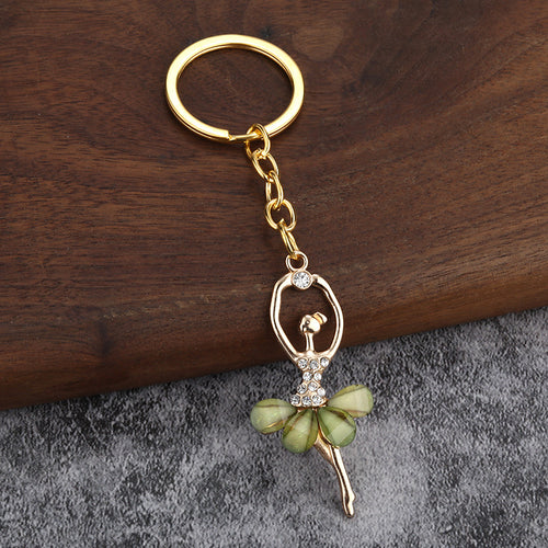 Crystal Ballet Girl Alloy Keychain with Pom Pom Pendant