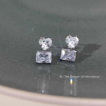 Silver Clear CZ Heart Rectangle Geometric Stud Earrings