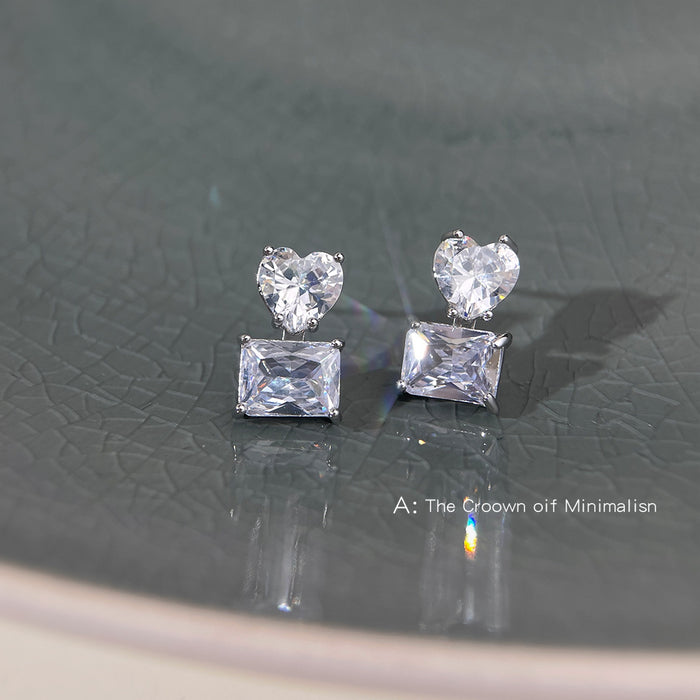 Silver Clear CZ Heart Rectangle Geometric Stud Earrings