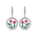 Silver Tone Pink Floral Medallion Drop Earrings with Clear Stone Accents view 1