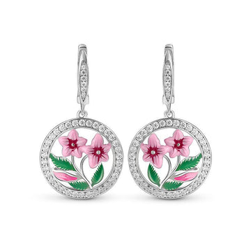Silver Tone Pink Floral Medallion Drop Earrings with Clear Stone Accents