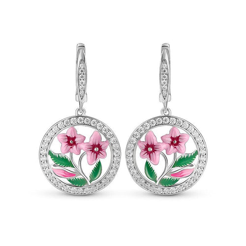 Silver Tone Pink Floral Medallion Drop Earrings with Clear Stone Accents shown in front view