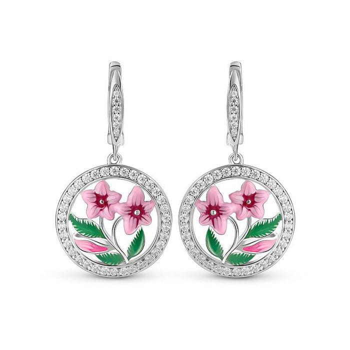 Silver Tone Pink Floral Medallion Drop Earrings with Clear Stone Accents