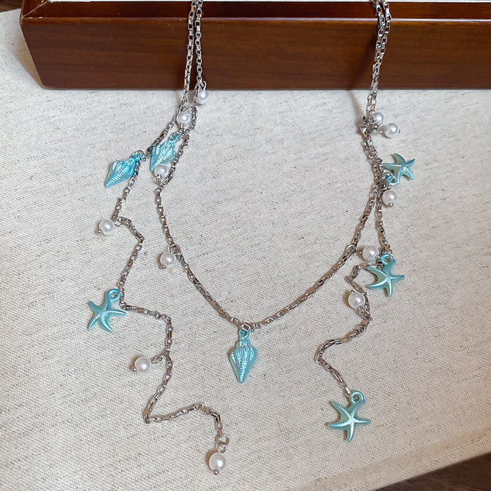 Silver Multi Layer Starfish Conch Pearl Charm Necklace