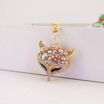 Gold-Tone Alloy Fox Head Keychain With Clear Rhinestones