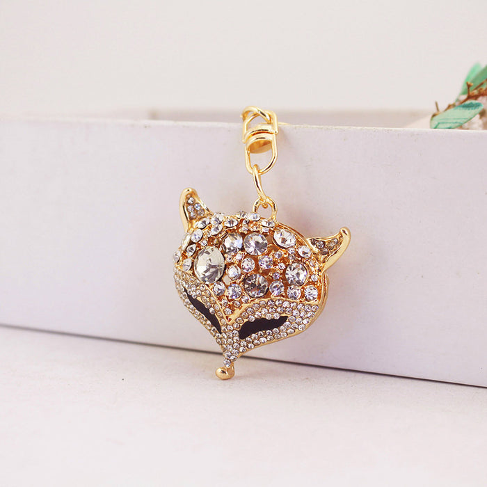 Gold-Tone Alloy Fox Head Keychain With Clear Rhinestones