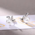 Silver Bunny Ear White Faux Pearl Stud Earrings Pair view 3