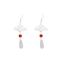 White Filigree Fan Red Bead Teardrop Hook Earrings view 5