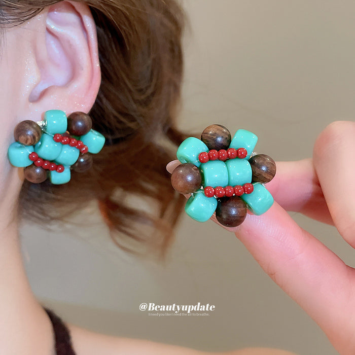 Green And Brown Beaded Woven Stud Earrings Jewelry