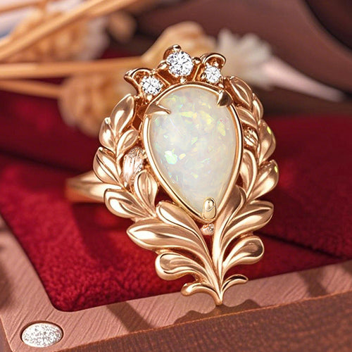 Close-up of leaf framed teardrop opal ring on red jewelry box