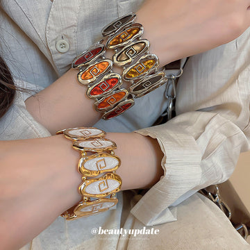Oval Enamel Stretch Bracelets With Greek Key Motif