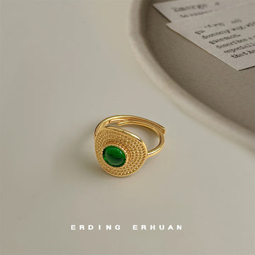 Gold Adjustable Open Ring Green Cabochon Dot Texture
