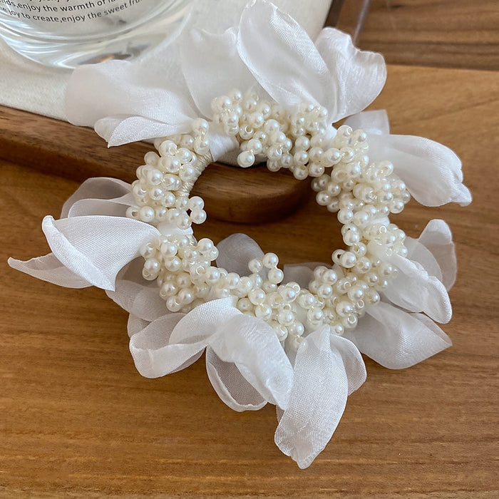Pearl Bead Chiffon Flower Scrunchies White Blue Pink
