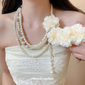 Ivory Fabric Flower Multi Strand Pearl Necklace Earring Ring view 1