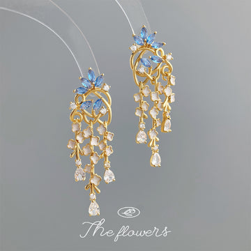 Gold Blue Zircon Flower Cascade Tassel Drop Earrings Pair