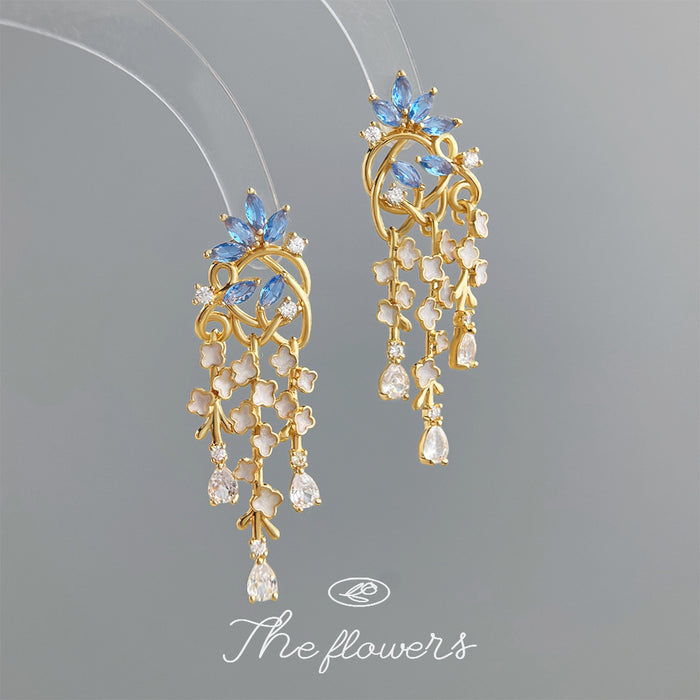 Gold Blue Zircon Flower Cascade Tassel Drop Earrings Pair