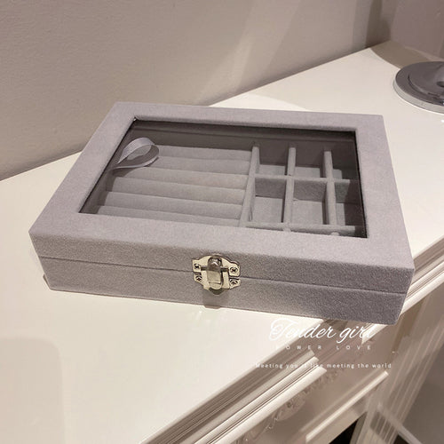 Styled or close-up view 2 of gray glass top compartment jewelry storage box for jewelry display