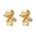Gold Hammered Double Flower Stud Earrings Clear Crystal Centers view 5