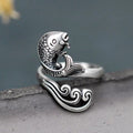 Antique Silver Open Adjustable Koi Fish Wave Ring Metal view 2