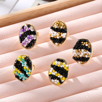 Gold Tone Oval Seed Bead Adjustable Rings in Four Colorways