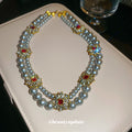 Layered Gray Pearl Like Necklace with Floral Crystal Accents view 4