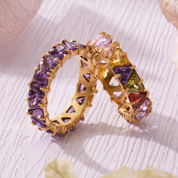 Triangle Crystal Eternity Rings in Six Colors and Three Sizes