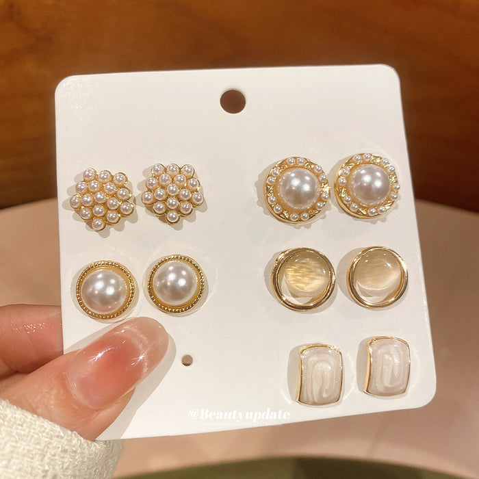 Gold Pearl Stud Earring Set Five Pair Round Cluster Styles