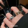 Silver Triple Cross Open Ring Hammered Rhinestone Band view 1
