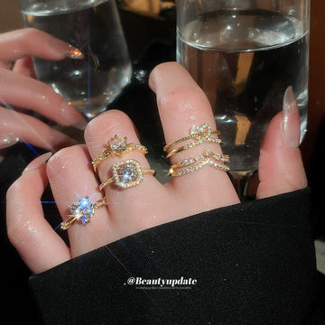 Gold Silver Zircon Open Adjustable Ring Five Piece Sets
