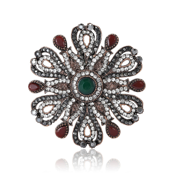 Openwork Crystal Flower Brooch Black Red Green Center Pin
