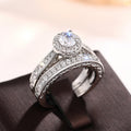 Round Halo Solitaire Two-Ring Set In Polished Silver Tone view 3