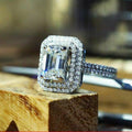 Silver Tone Rectangular Halo Ring with Clear Stone Bands view 2