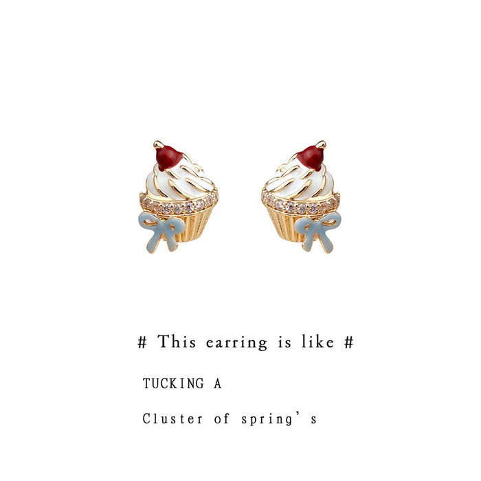 Gold Tone White Icing Red Fruit And Blue Bow Cupcake Stud Earrings