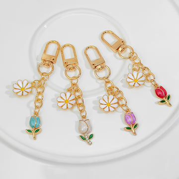 Rhinestone Tulip Flower Keychain With Bead Charm Chain