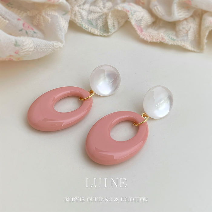 Pink Geometric Oval Drop Earrings White Sphere Stud Tops