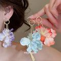 Fabric Flower Drop Earrings in Coral Purple and Blue Colorways view 1