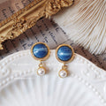 Blue Round Cabochon Stud Earrings Pearl Drop Bezel view 6