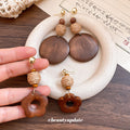 Wood Flower And Round Disc Dangle Earrings Statement Jewelry Pair view 2