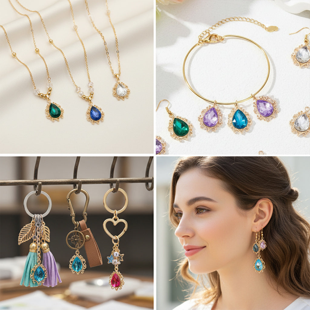 Glass Rhinestone Teardrop Charm Pendant with Lace Edge for DIY Earrings Necklace