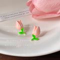 Pink Enamel Tulip Stud Earrings Green Leaf Accents Pair view 1