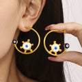 Evil Eye Sun C-Hoop Earrings Enamel Gold Steel Pair view 1