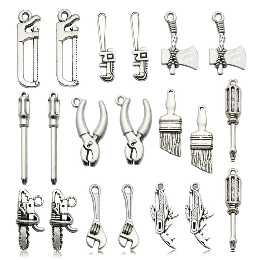 Antique Silver Zinc Alloy Screwdriver Tape Measure Toolbox Tool Charm Pendant for DIY Jewelry