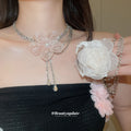 Fabric Flower and Fine Chain Layered Necklace in Two Colors view 1