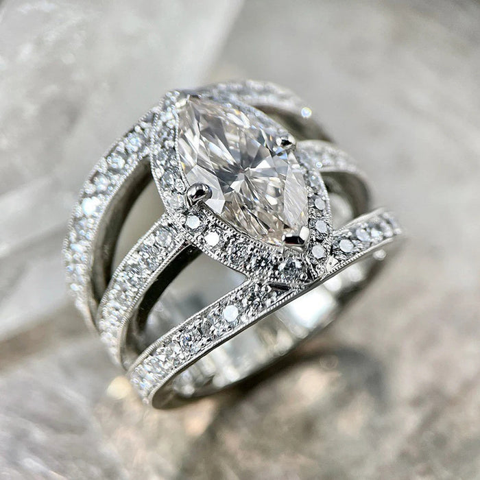 Silver Tone Layered Marquise Stone Wide Band Statement Ring