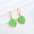 Gold Tone Green Monstera Leaf Necklace and Huggie Earring Options view 2