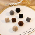 Knit Yarn Round Square Stud Earrings Silver Metal Frames view 1