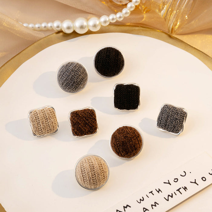 Knit Yarn Round Square Stud Earrings Silver Metal Frames