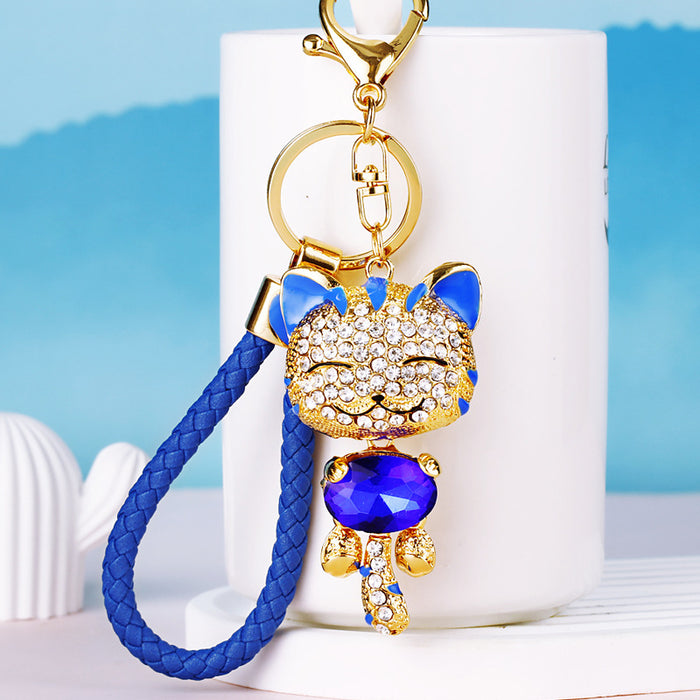 Jeweled Lucky Cat Keychains in Four Colors with Braided Loop Options