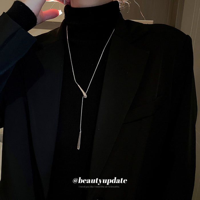 Silver Snake Chain Lariat Necklace Dual Teardrop Pendants